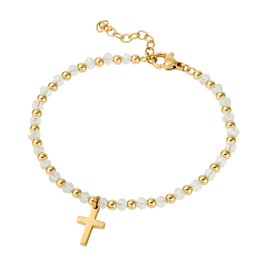 White Glass Bead Rosary Bracelet with Gold Cross